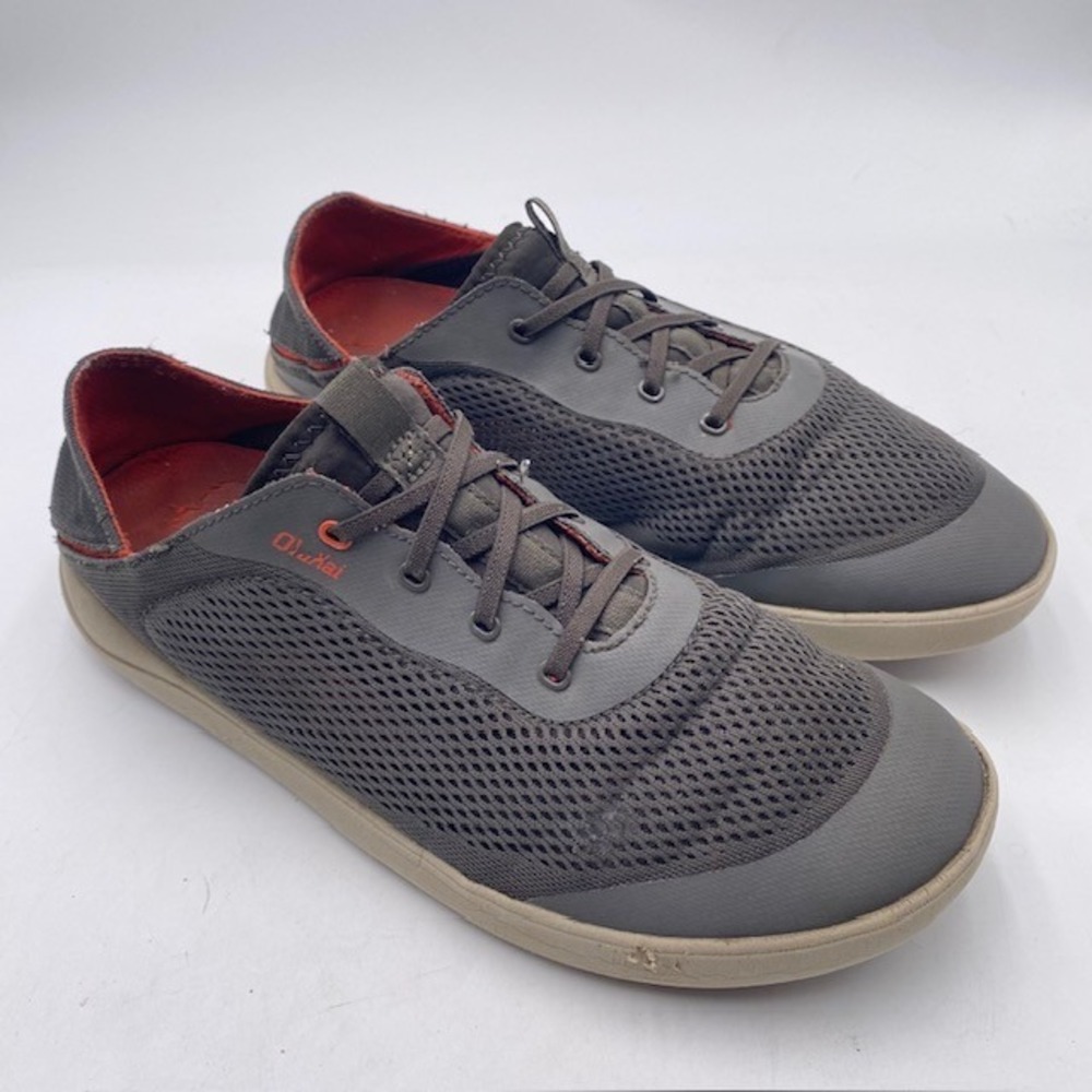 OluKai Moku Pae Sneakers Mens 11.5 Grey Orange Mesh Breathable Boat Shoes 10472